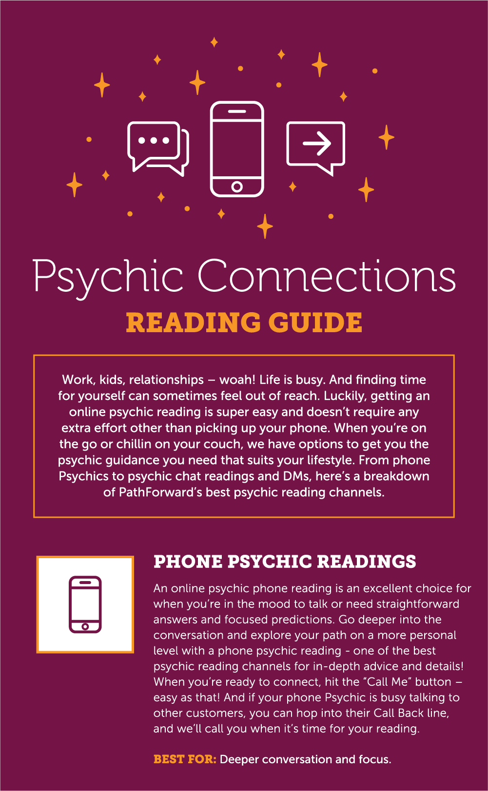 Deciding which online psychic service to turn to for insight is no small challenge! PathForward is happy to offer multiple reading options, from phone psychics to psychic cha, to fit any lifestyle or need!